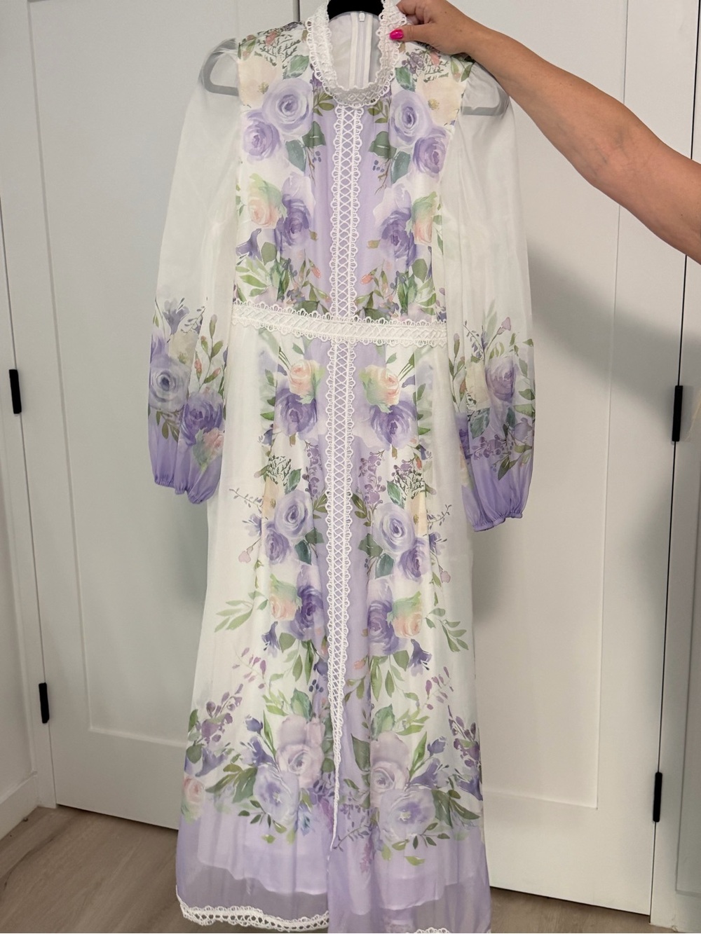 Dalia MacPhee Floral Lace-Trim Maxi Dress - White & Lavender